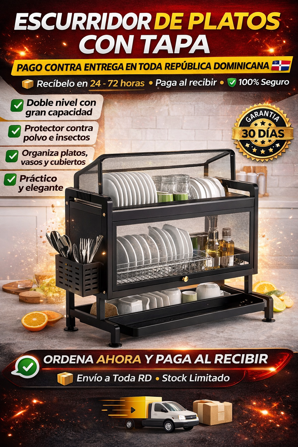 🍽️ Escurridor de Platos Doble Nivel con Tapa – Organizador de Cocina | Pago Contra Entrega RD