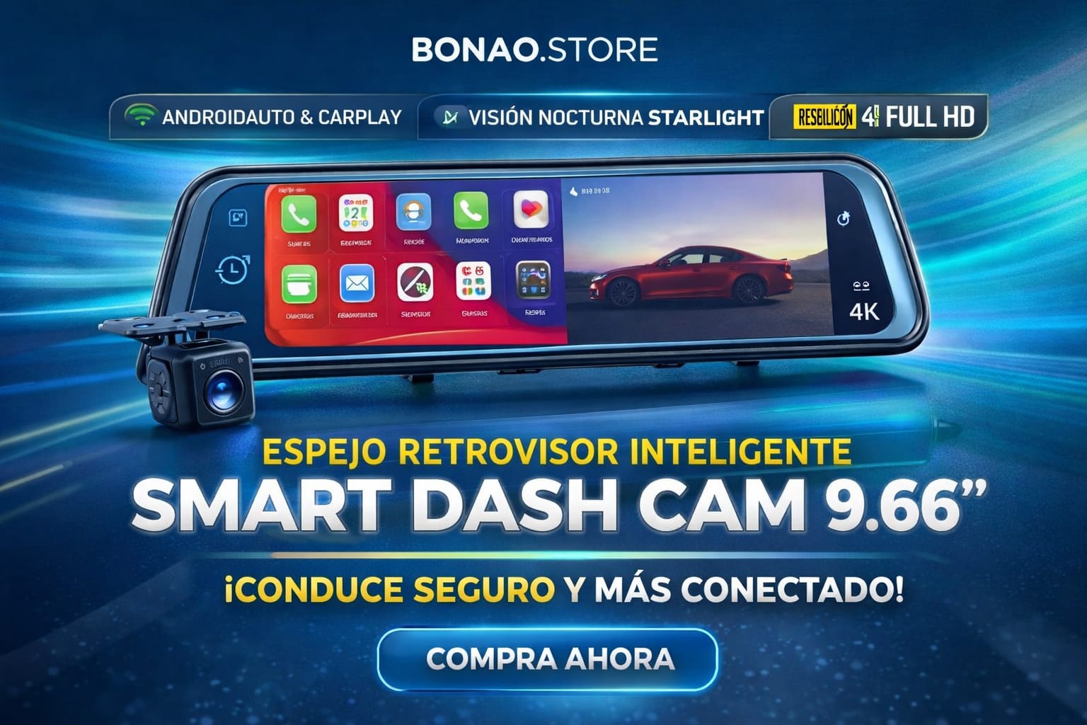 📱 Cámara Retrovisor Inteligente 9.66" – Pantalla Táctil Full HD 4K con CarPlay y Android Auto