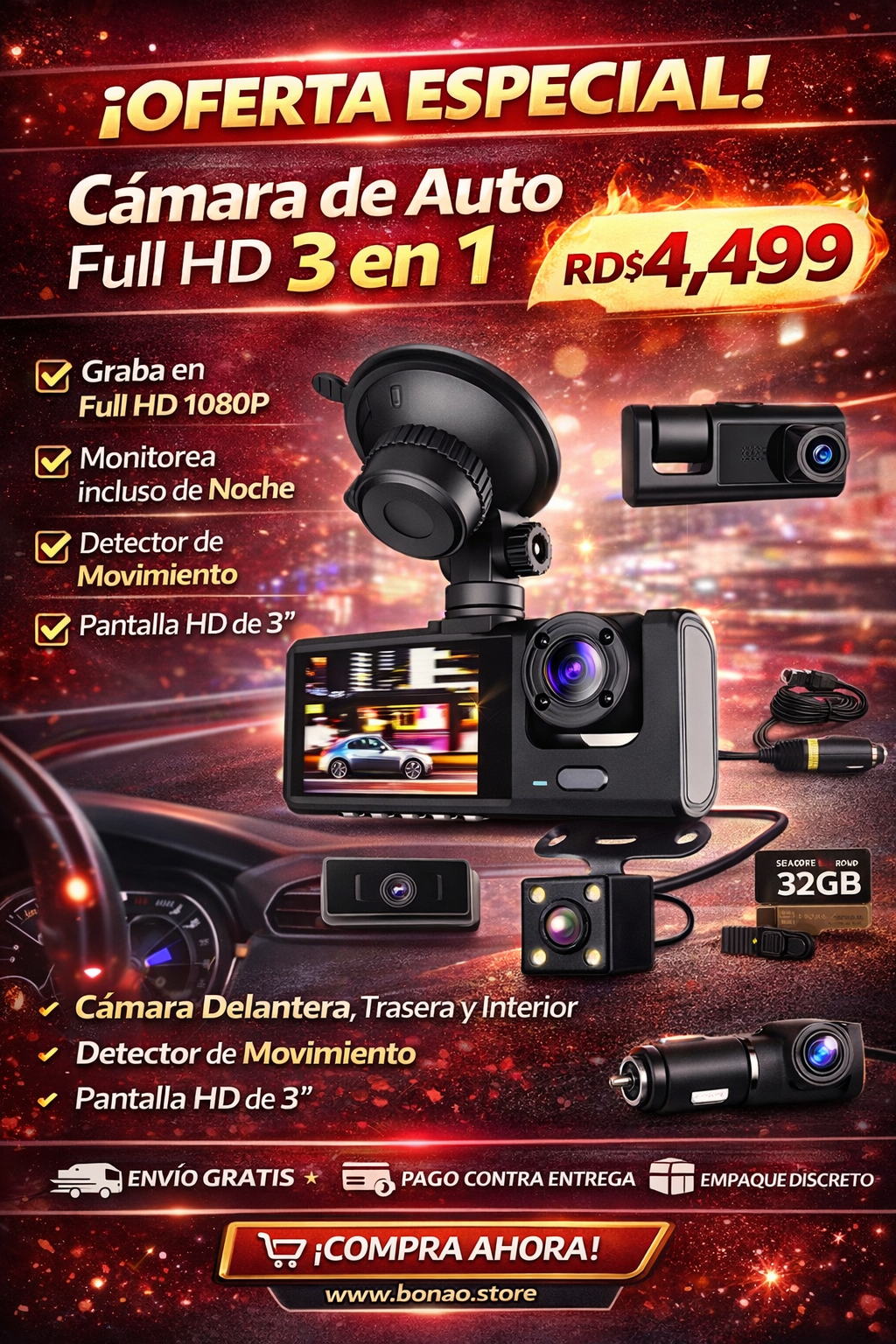 🚗 Cámara de Auto Full HD 3 en 1 – Protección Completa Delantera, Trasera e Interior