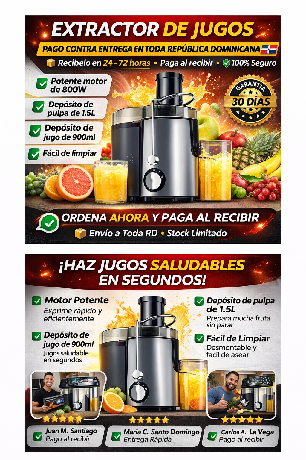 🍊 Extractor de Jugos Vista Galería 800W – Motor Potente con Depósito 1.5L | Pago Contra Entrega RD
