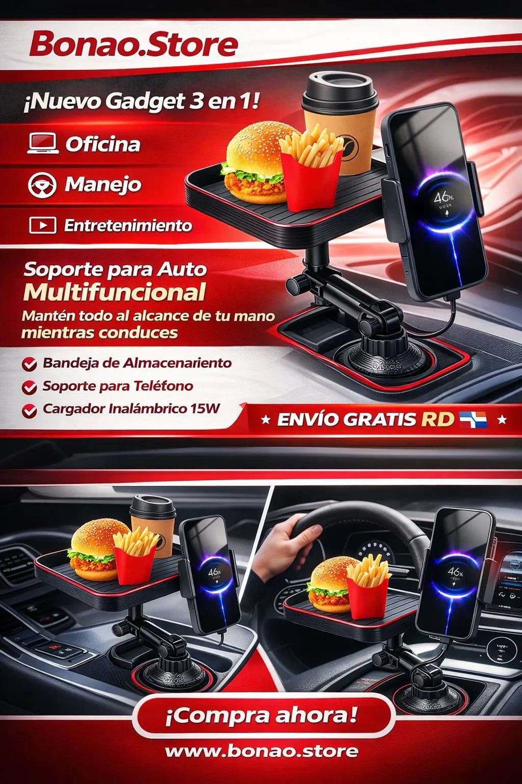 🚗 Soporte para Auto 3 en 1 – Bandeja + Cargador Inalámbrico 15W + Soporte Teléfono