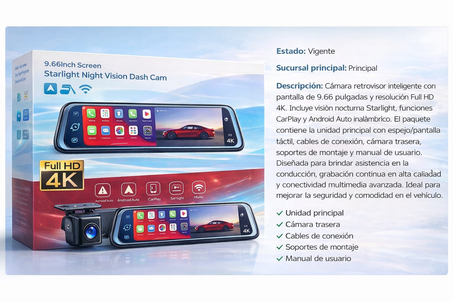 📱 Cámara Retrovisor Inteligente 9.66" – Pantalla Táctil Full HD 4K con CarPlay y Android Auto