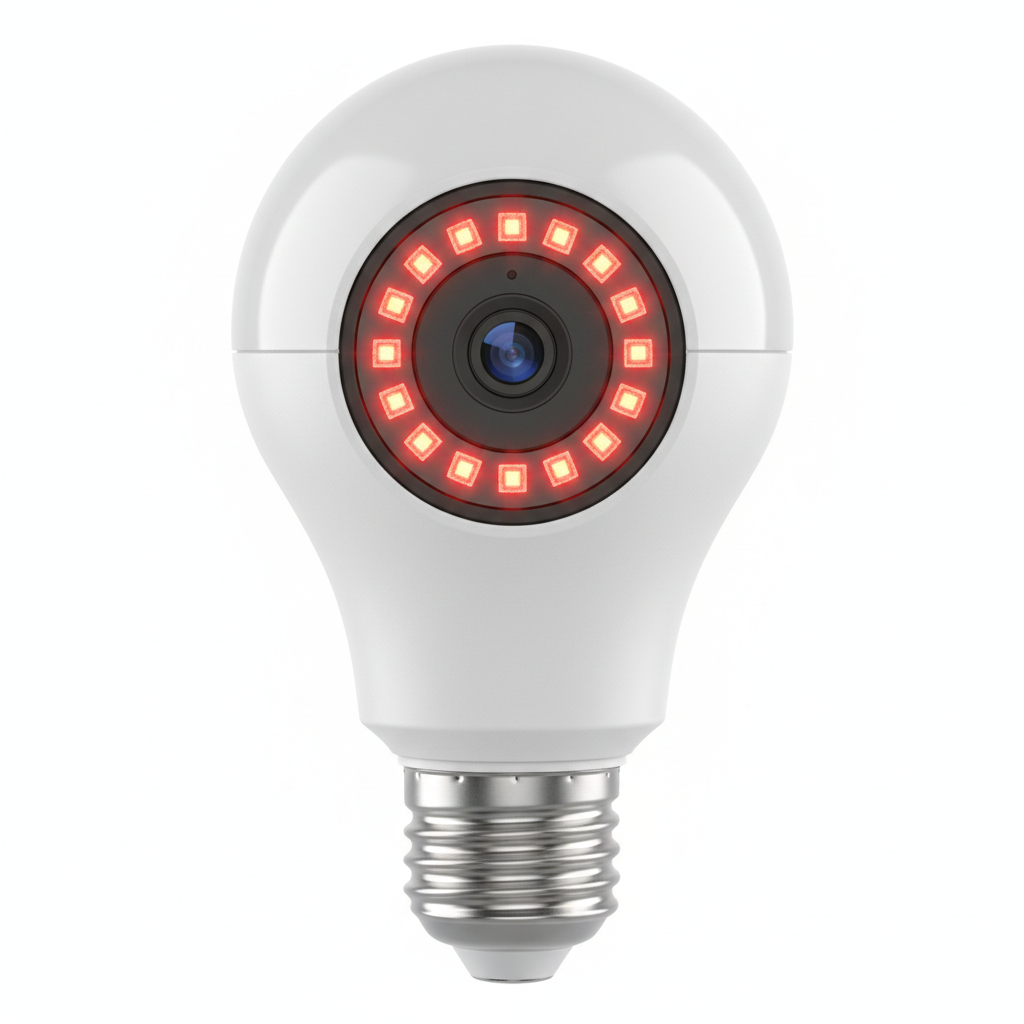 Detalle de lente y LEDs infrarrojos de cámara bombilla