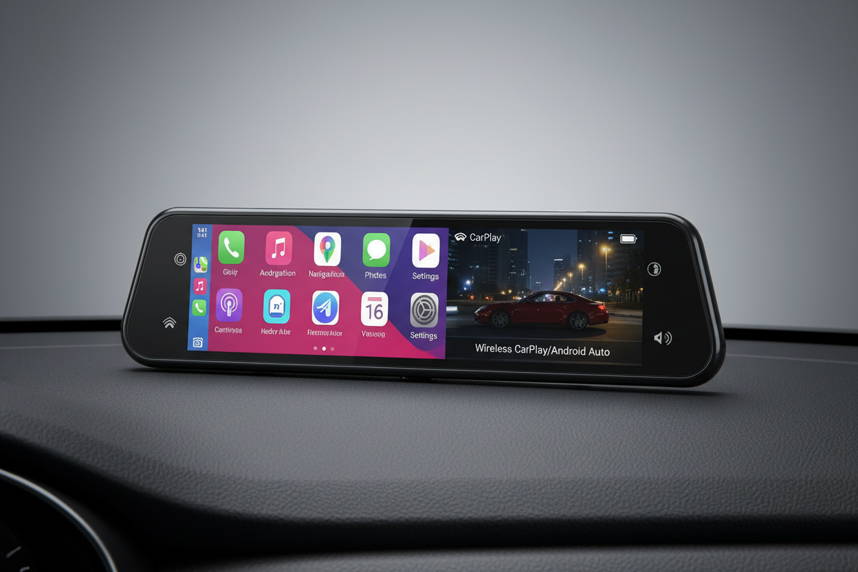 📱 Cámara Retrovisor Inteligente 9.66" – Pantalla Táctil Full HD 4K con CarPlay y Android Auto