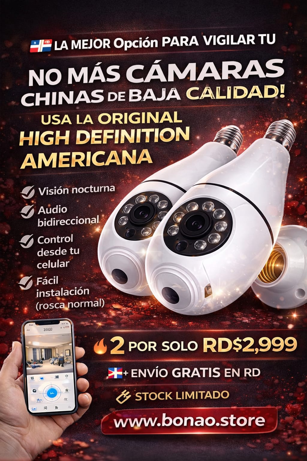📹 Cámara de Seguridad Tipo Bombilla WiFi HD – Visión Nocturna 360° | Pack 2x1